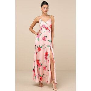 Lulus Radiant Occasion Light Pink Floral Satin A-line Maxi Dress - Size S